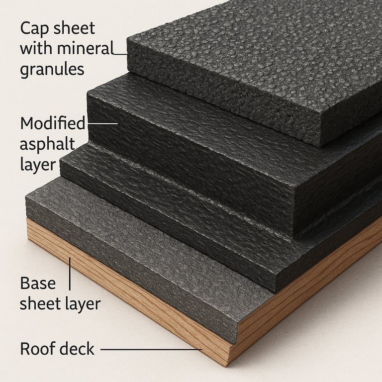 Modified bitumen roofing system layers diagram with cap sheet