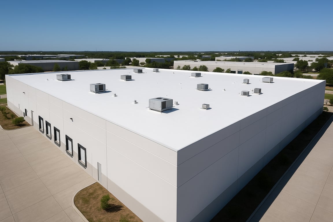 White TPO roof on large industrial warehouse building