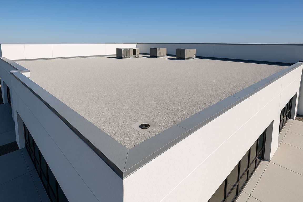 Gravel-surfaced hot mop roof on commercial building with HVAC