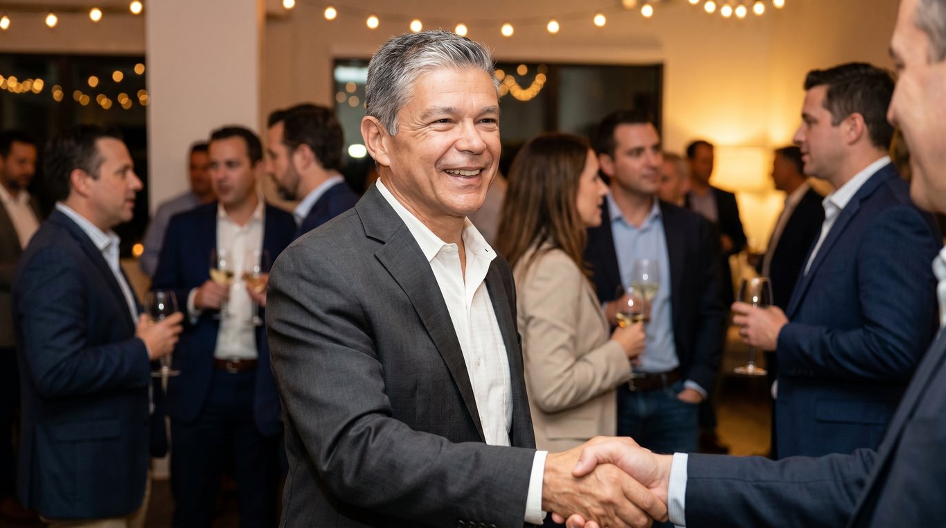 Robert W. Jones at an iNETrepreneur Network event, shaking hands in a room full of entrepreneurs