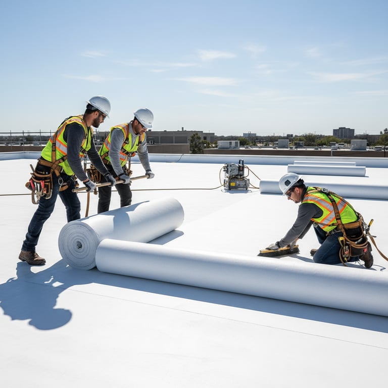Professional roofers rolling out TPO membrane on commercial roof