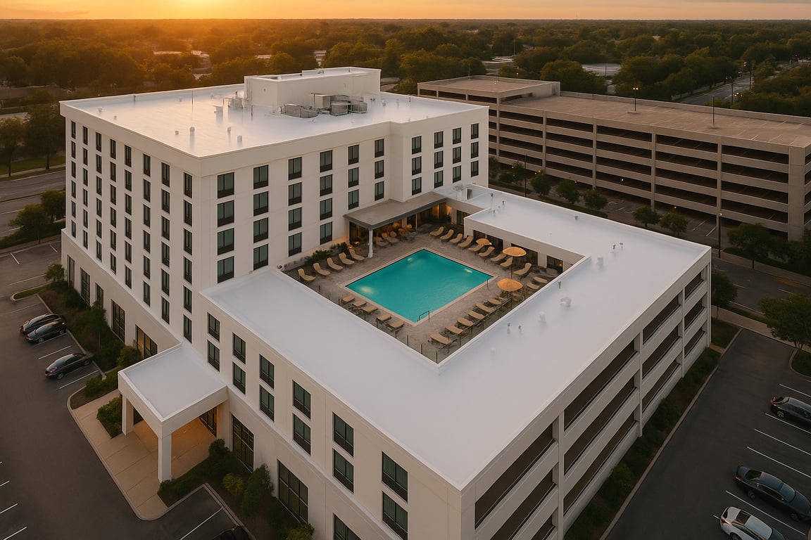Hotel with white TPO roof and courtyard pool