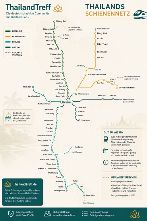 Karte des thailändischen Schienennetzes mit Nord-, Nordost-, Süd- und Ostlinie