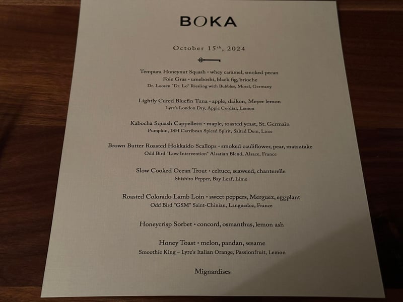 BOKA の October 15th, 2024 のコース。ノンアルコールのペアリングが皿ごとに並ぶ