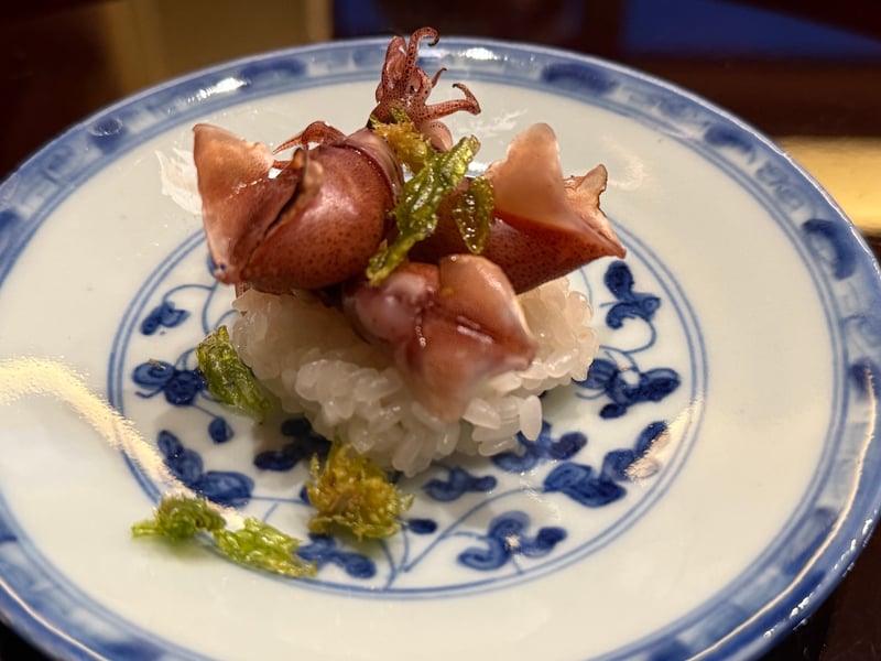 染付の皿に、酢飯の上に載せたホタルイカと木の芽