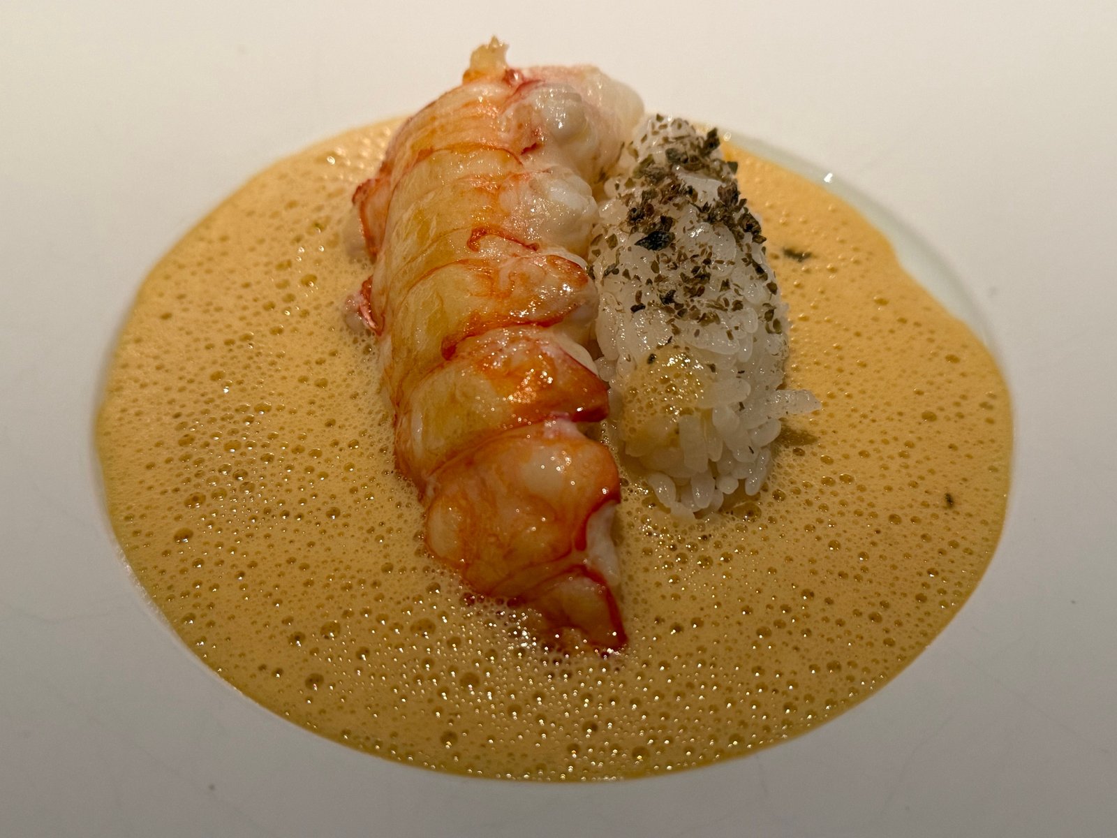 ビスクの泡に、ラングスティーヌとこしひかりのご飯を並べる