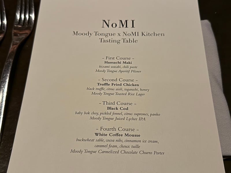 Moody Tongue x NoMI Kitchen Tasting Table の献立。4皿と、皿ごとのビール