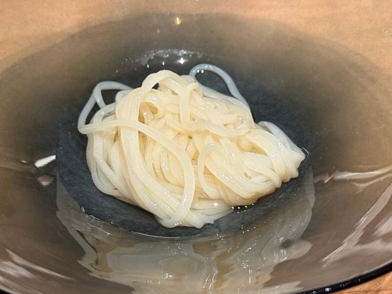透明な出汁を張った器に、白いうどんを一玉のせた出汁麺