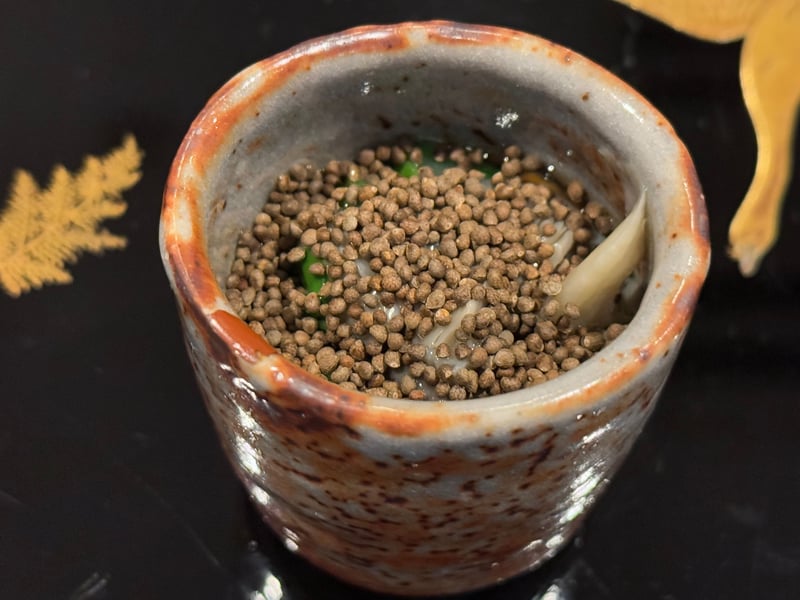 筒の器にひらたけとなめこ、アスパラを詰めて、上一面にエゴマの実