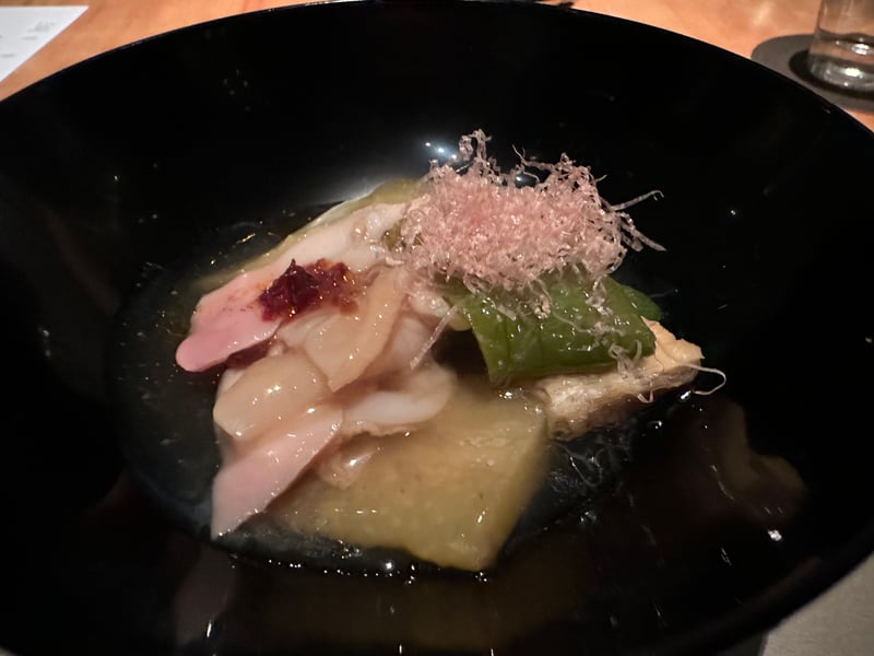 鴨島大蛤の吉野煮と賀茂茄子、万願寺唐辛子