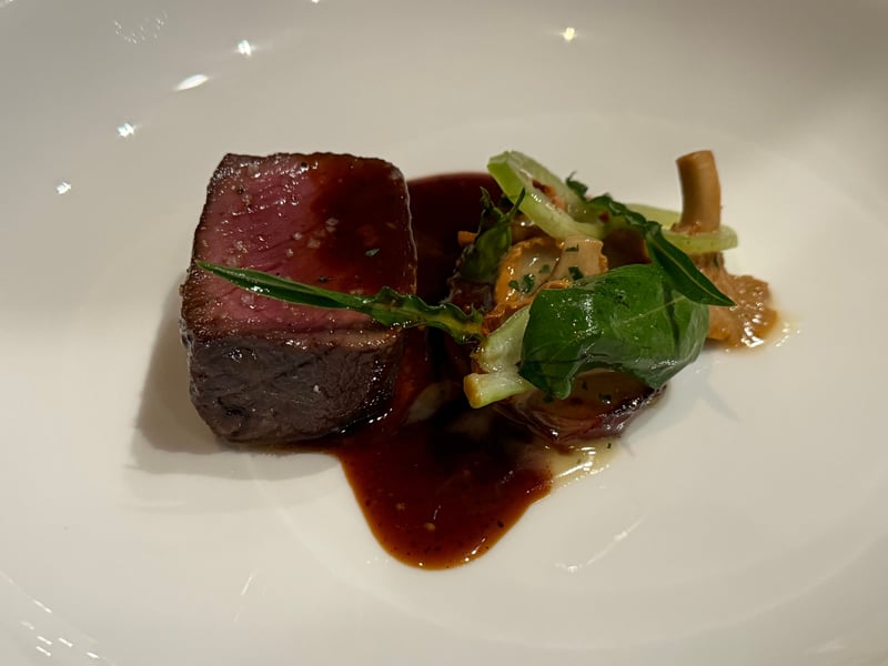 四角く切った牛肉、断面は赤い。褐色のジュ、アンズタケ、緑の葉と茎