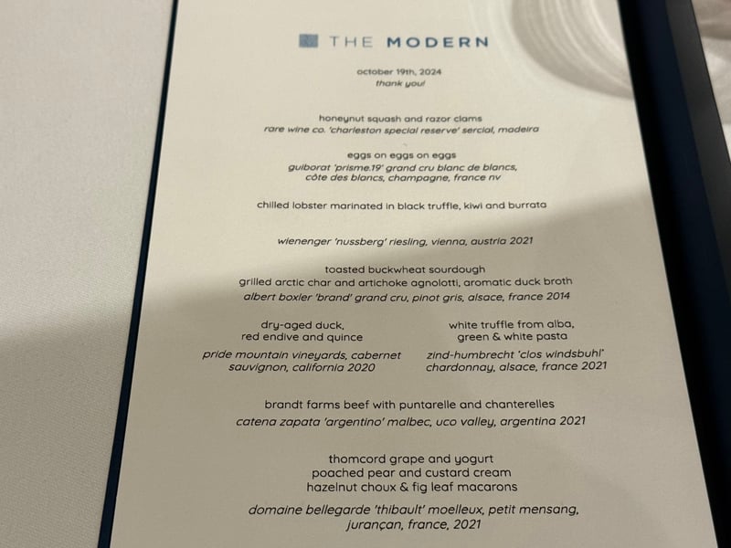 The Modern の献立カード。october 19th, 2024 と刷ってある