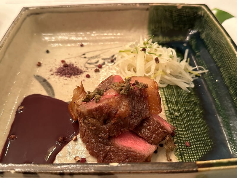 角皿にサーロイン、赤紫のソース、白髪葱、山椒