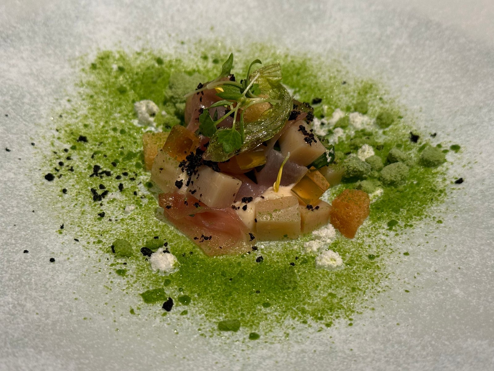 白い皿に、角切りの鯉と白い野菜、緑のソースと白いパウダー、黒いパウダーを散らした一皿