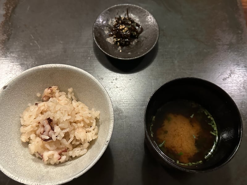 蛸の炊き込み御飯、佃煮、味噌汁