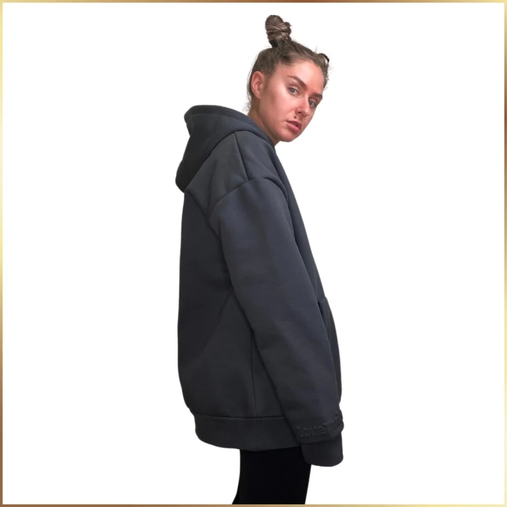 LoveThrive signature slate lux hoodie 600 GSM model side