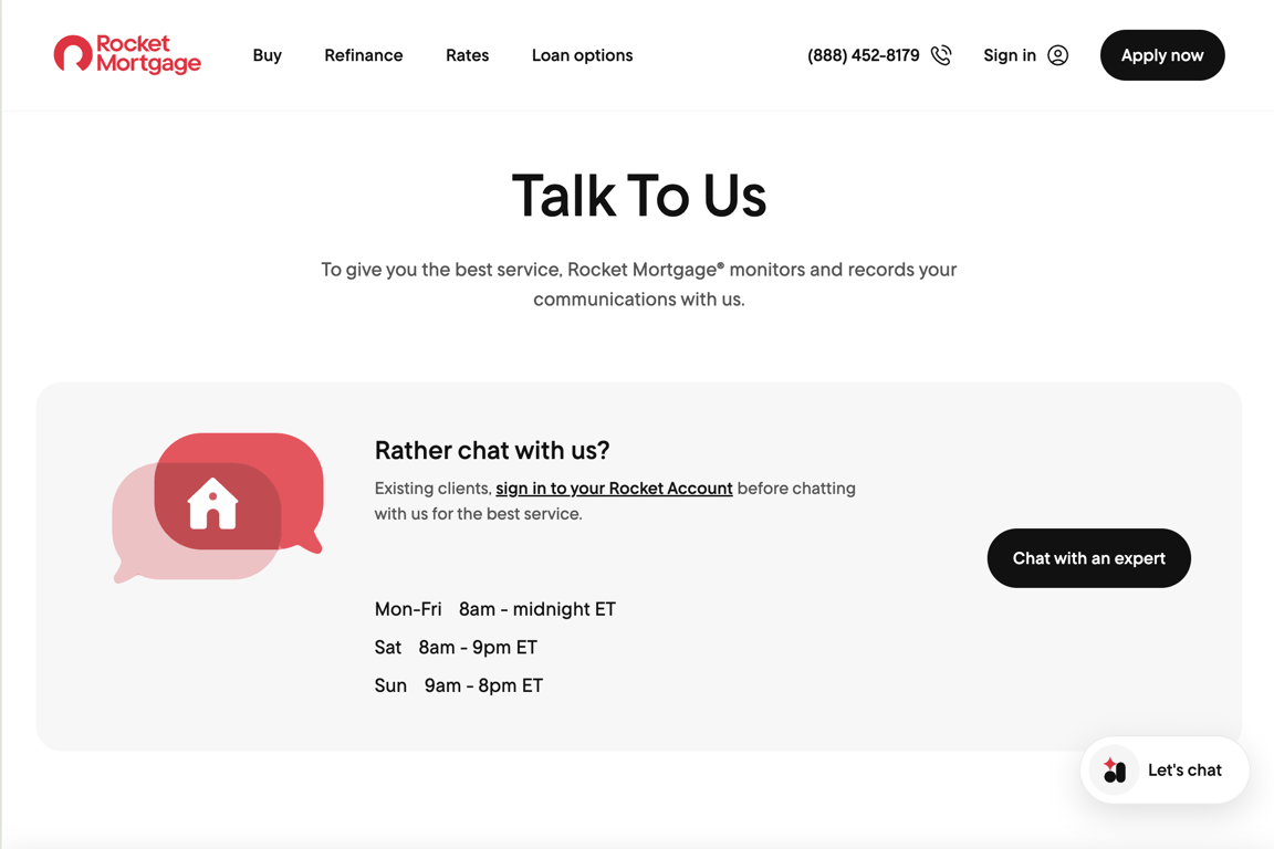 Rocket Mortgage page with live chat button and support section highlighted