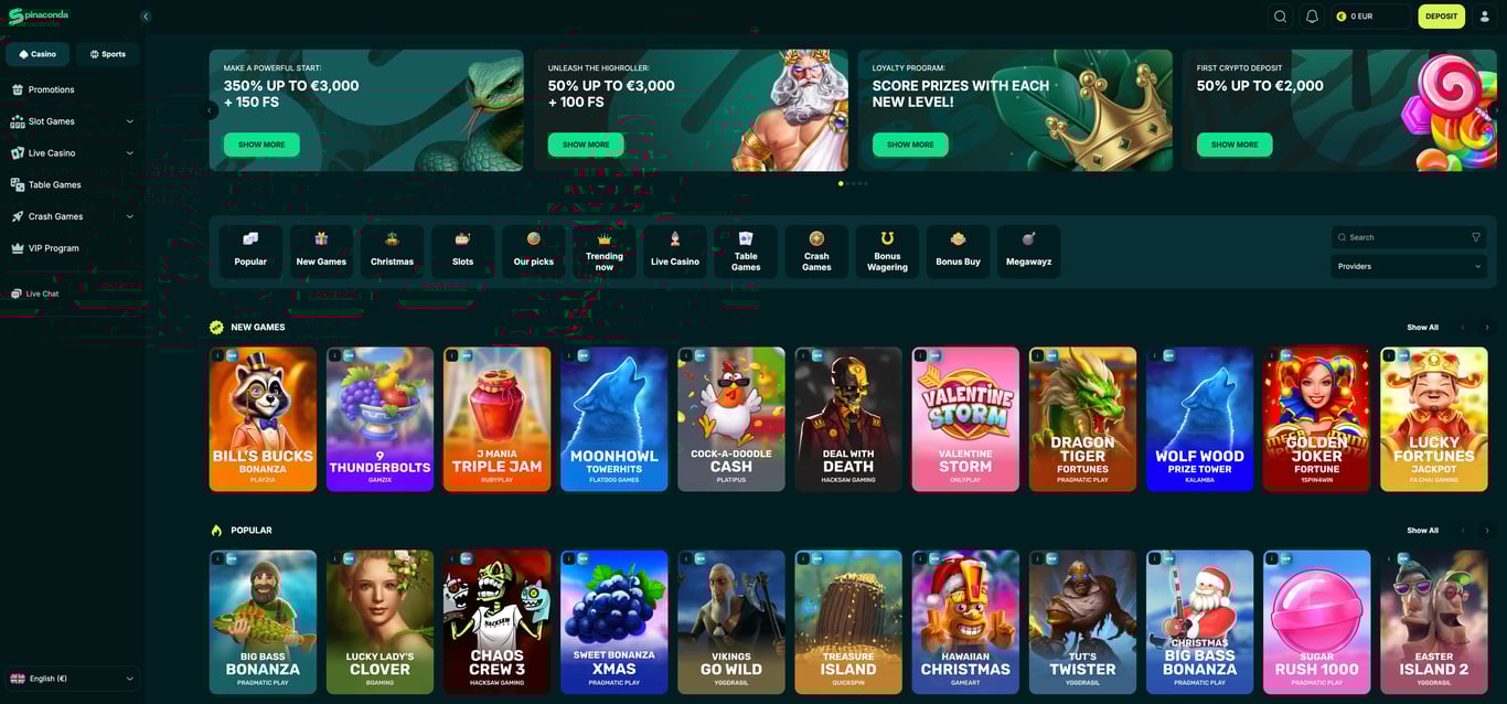 Spinaconda homepage with promotions and game categories