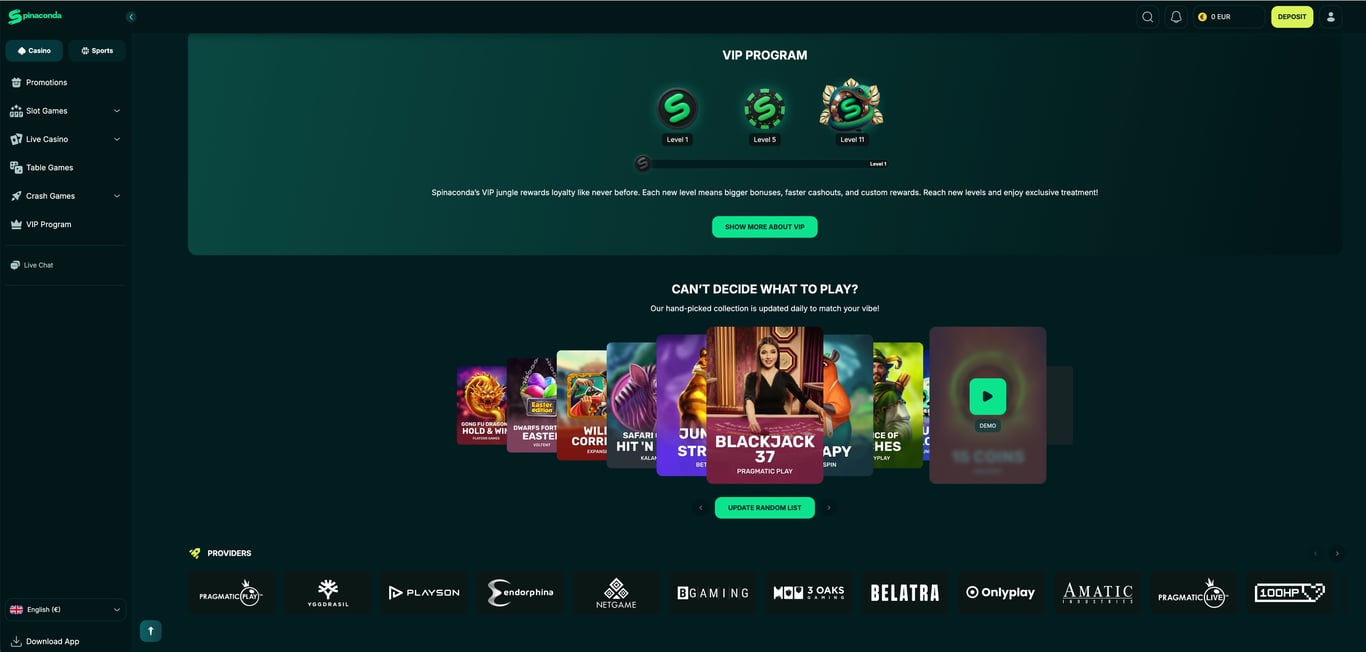 Spinaconda VIP program and featured games on desktop