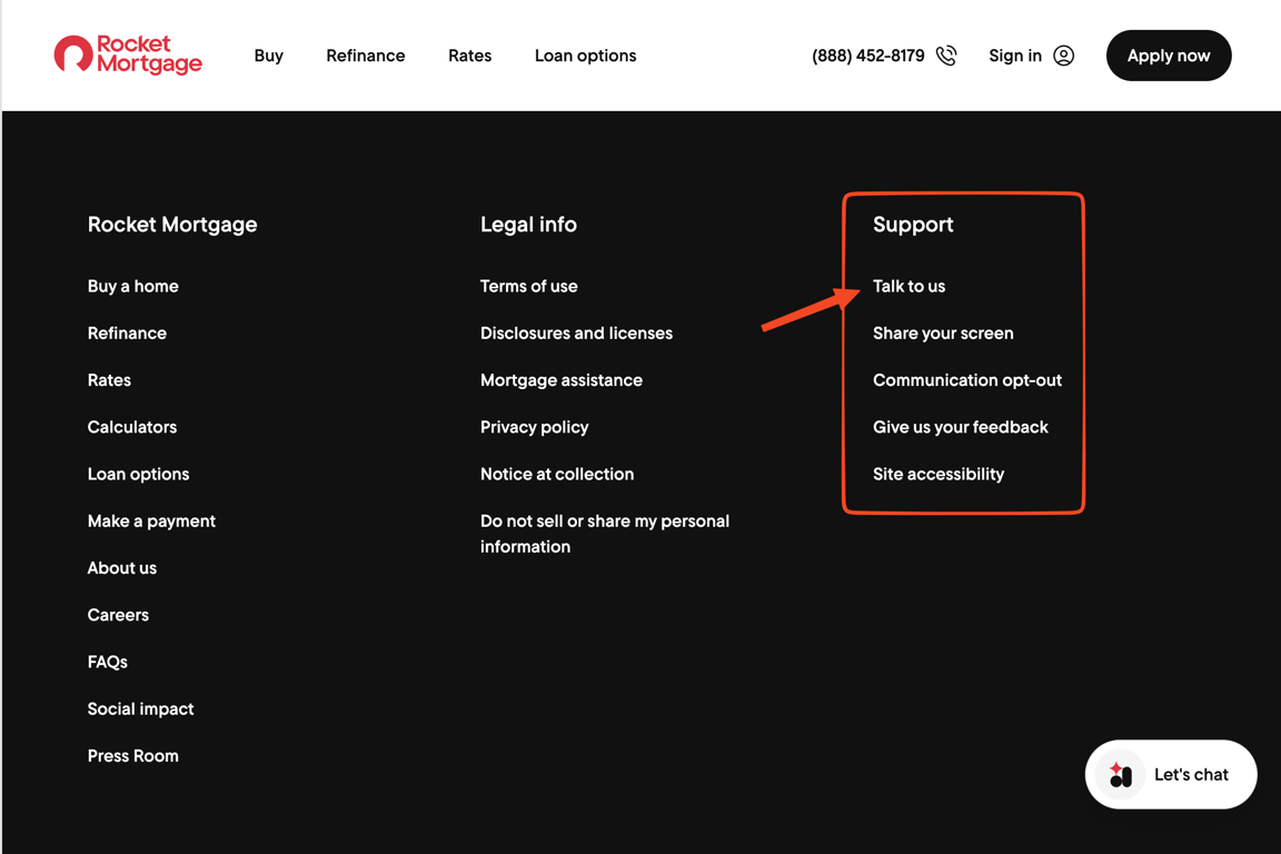 Rocket Mortgage header with main customer service phone number highlighted