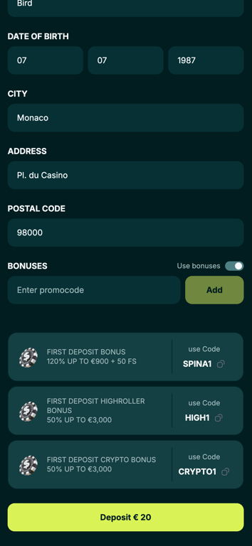 Spinaconda registration and bonuses screen