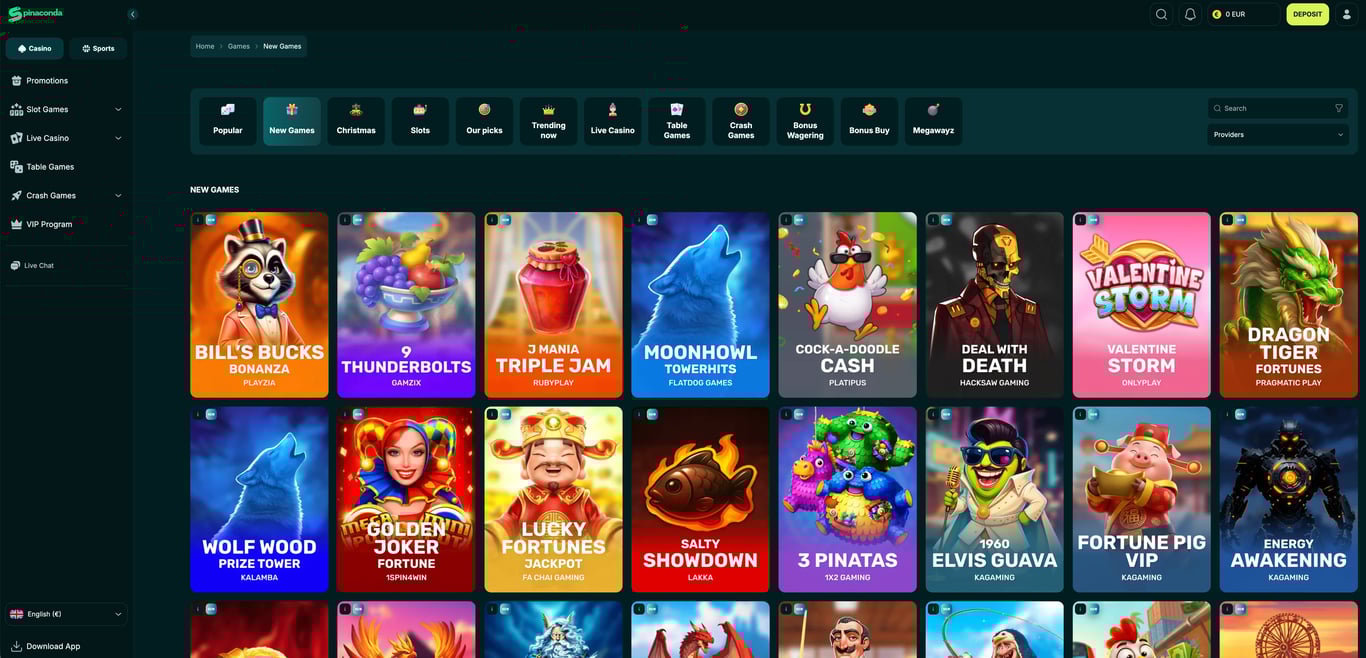 Spinaconda new games lobby on desktop