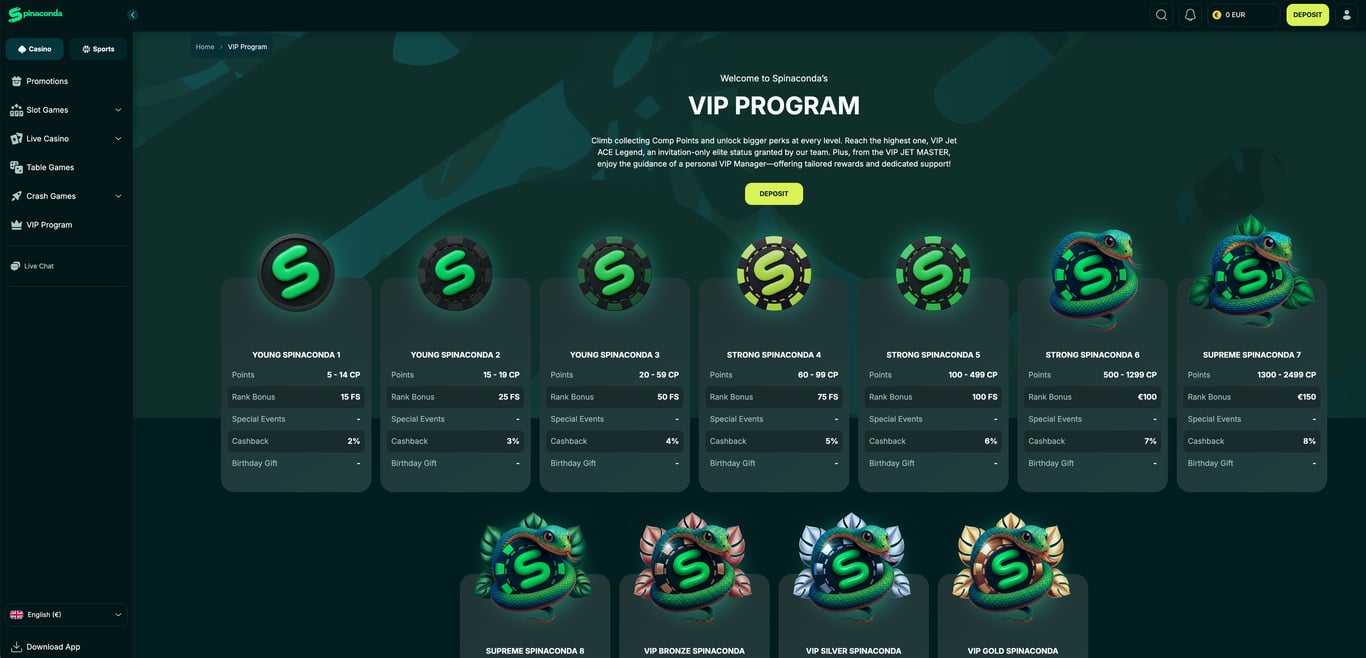Spinaconda VIP levels overview on desktop