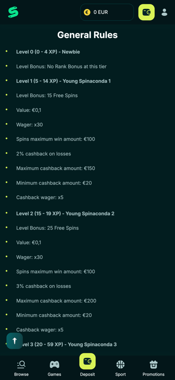 Spinaconda VIP program general rules screen