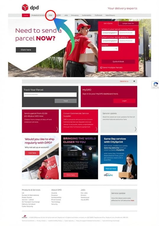 Screenshot highlighting where to click to reach DPD UK support