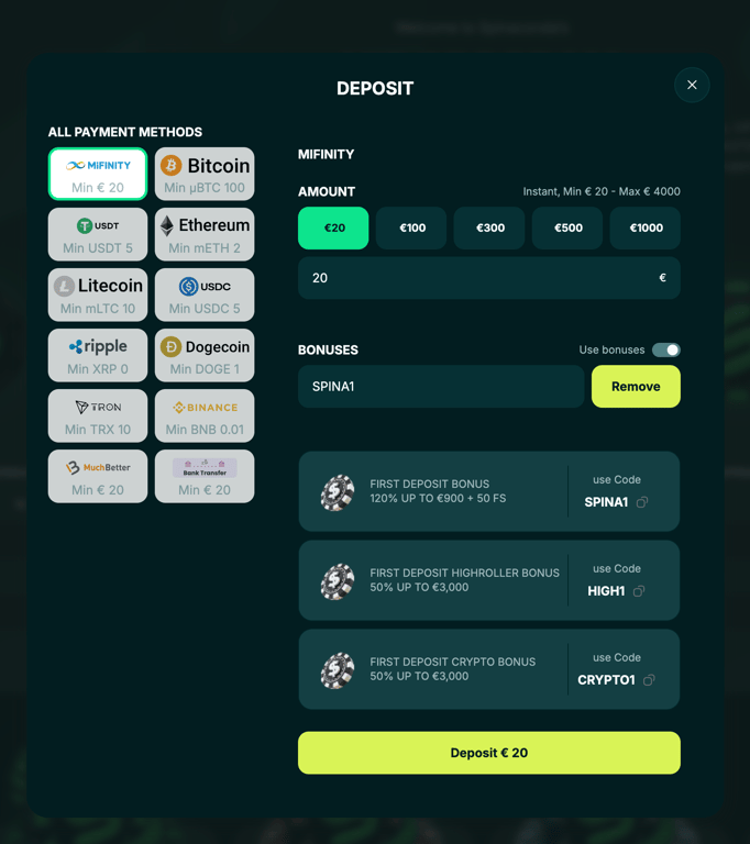 Spinaconda desktop deposit screen with MiFinity and bonuses