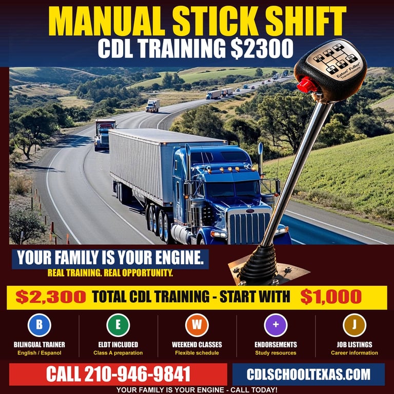 CDL School Marion TX - manual stick shift CDL Class A truck driver training near San Antonio Texas