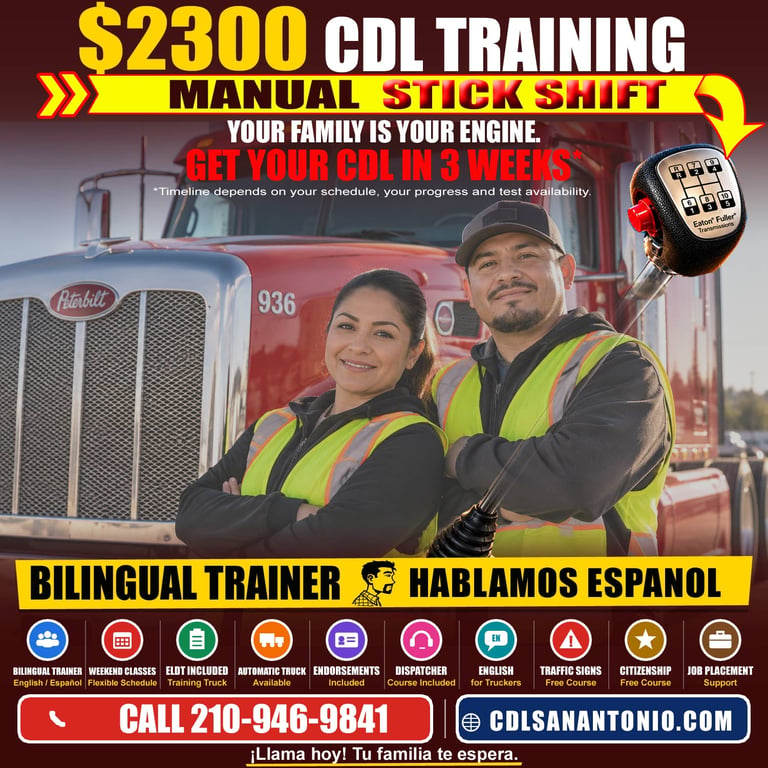 CDL Training Boerne TX - Hispanic man and woman wearing fluorescent safety vests in front of a red Peterbilt semi truck, representing bilingual Class A CDL training