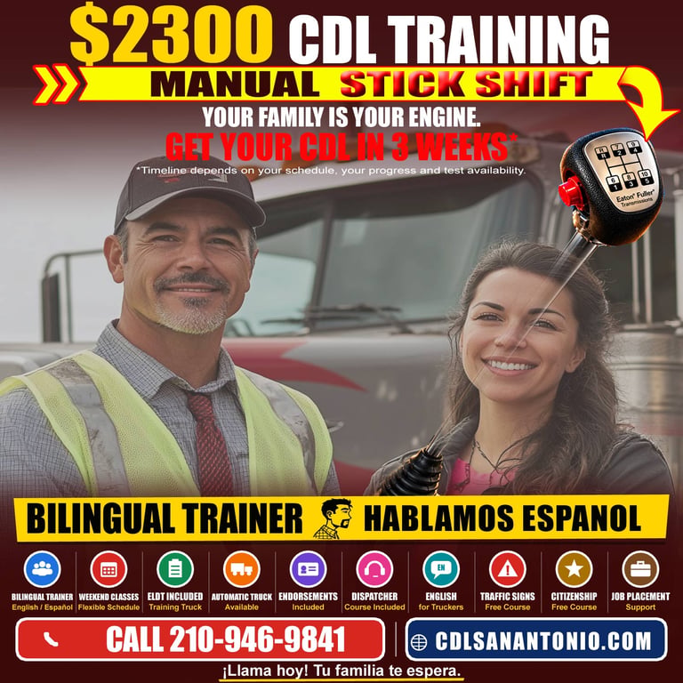 CDL Training Near McQueeney TX - manual stick shift Class A truck driver training with bilingual trainer