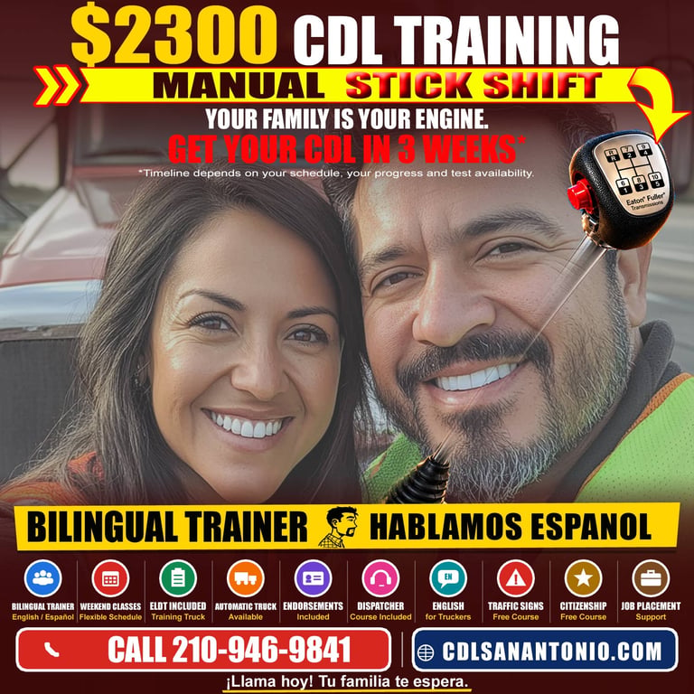 CDL Classes in China Grove TX — CDL Class A truck driver training with manual stick shift instruction and bilingual trainer