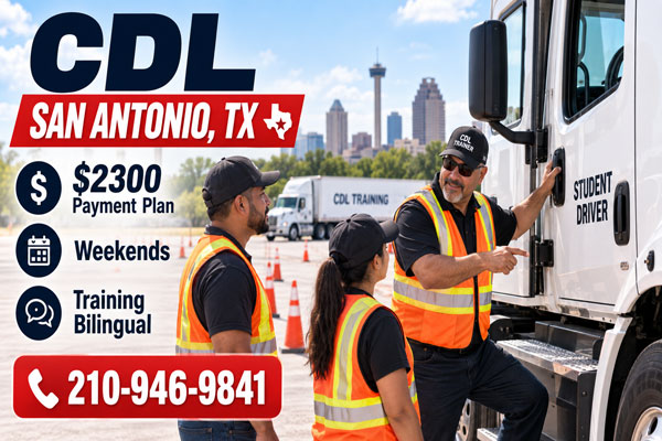 CDL School San Antonio TX offering $2,500 CDL training, manual stick shift training at no extra cost, payment plans and bilingual trainer assistance