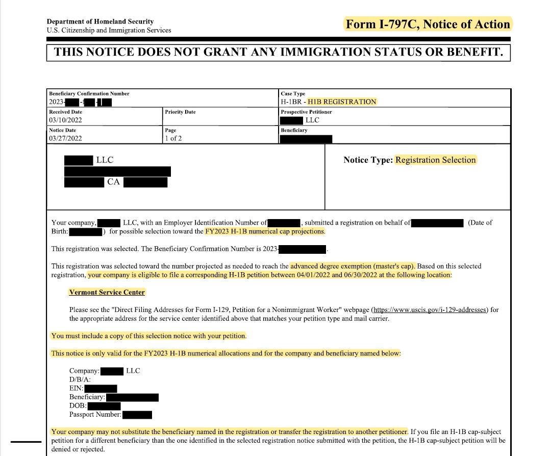 Sample Cap Selection Notice_Immigration Law Group LLP