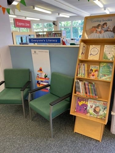 Chigwell Library's Literacy area Chairs with Bookshelves
