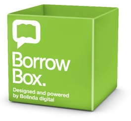 Green borrowbox logo, green box with borrowbox on the front