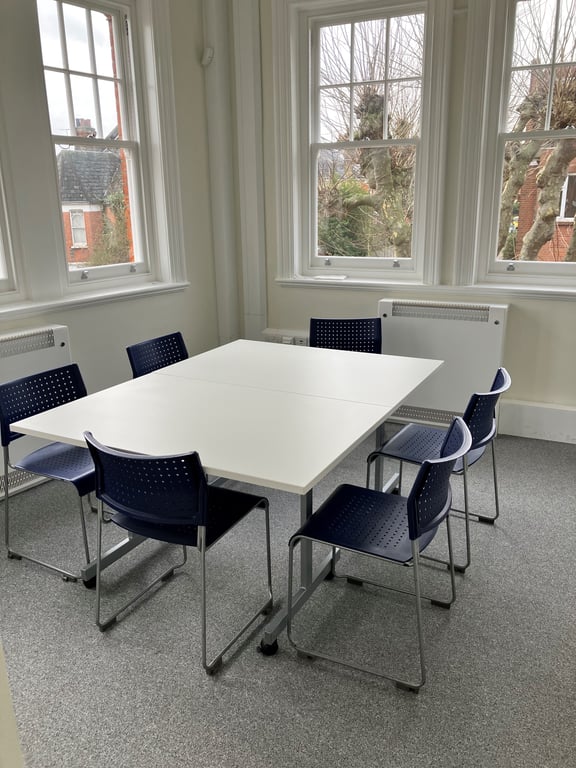 This is an image of meeting room two. There are four windows shown in the image. The floor has a grey carpet and the walls are white. There is a white table in the middle of the room which is surrounded by six chairs.