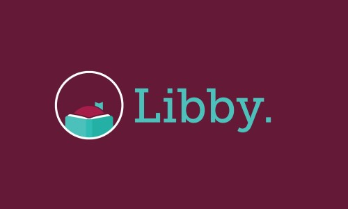 Libby. logo, white and green on a burgundy background logo
