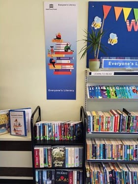 Great Tarpots Library's Literacy Area bookshelf