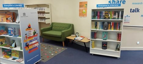 Saffron Walden Library's Literacy area Sofa and Bookcase