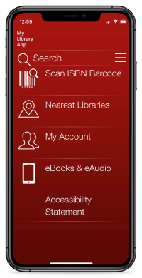 My Libray App functions on a red background, as it appears on a smartphone