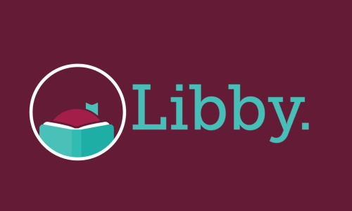 Libby logo, green and white on a burgundy background