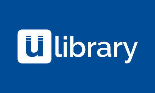 ULibrary logo, white on a blue background