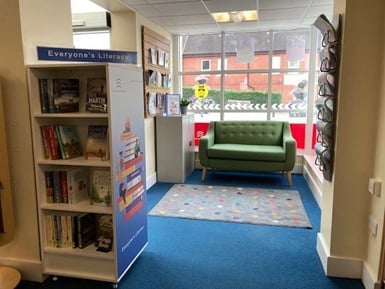 Dunmow Library Literacy Area Sofa and Bookshelves