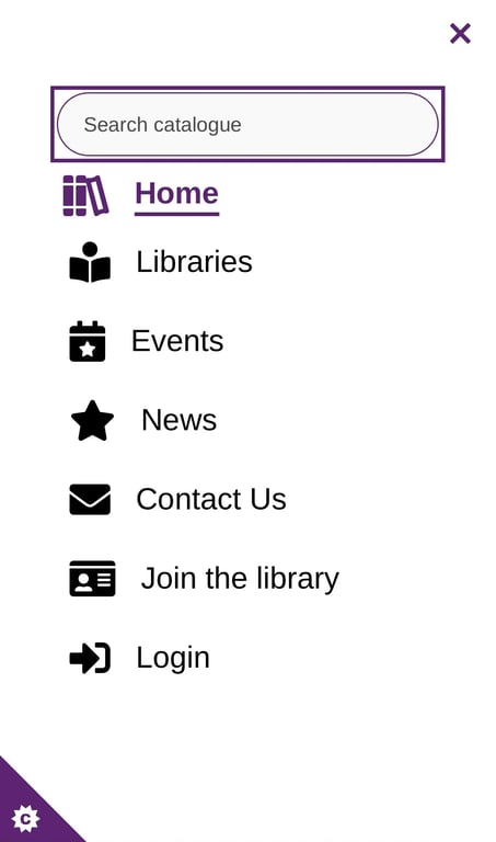 Mobile view of the menu items Home, Libraries, Events, News, Contact us, Join the library, Login