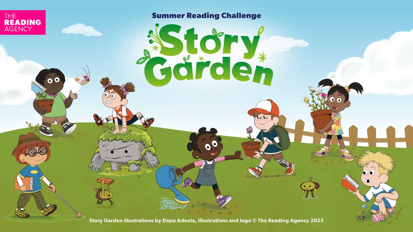 Story Garden decorative text, with image of children and creatures playing in a garden