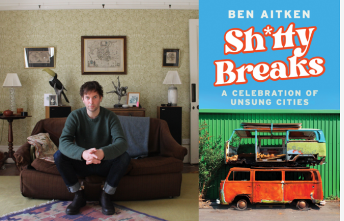 Essex Book Festival  2025 event poster of author Ben Aitken and the front cover of his book Shitty Breaks