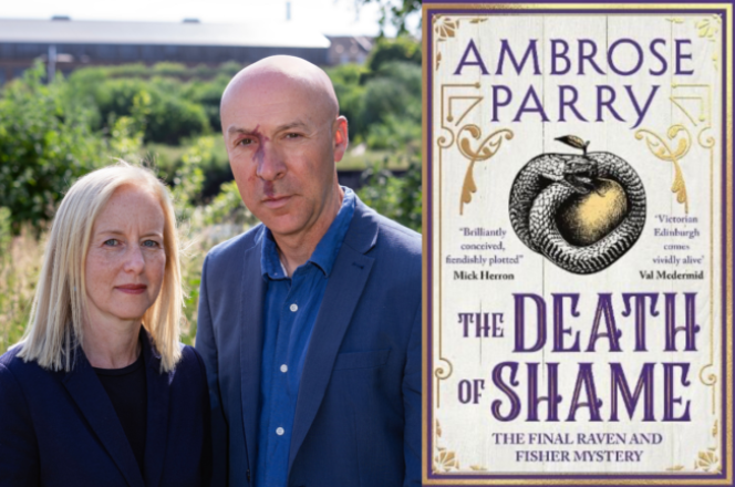 Essex Book Festival  2025 event poster of author Ambrose Parry and the front cover of their  book The Death of Shame